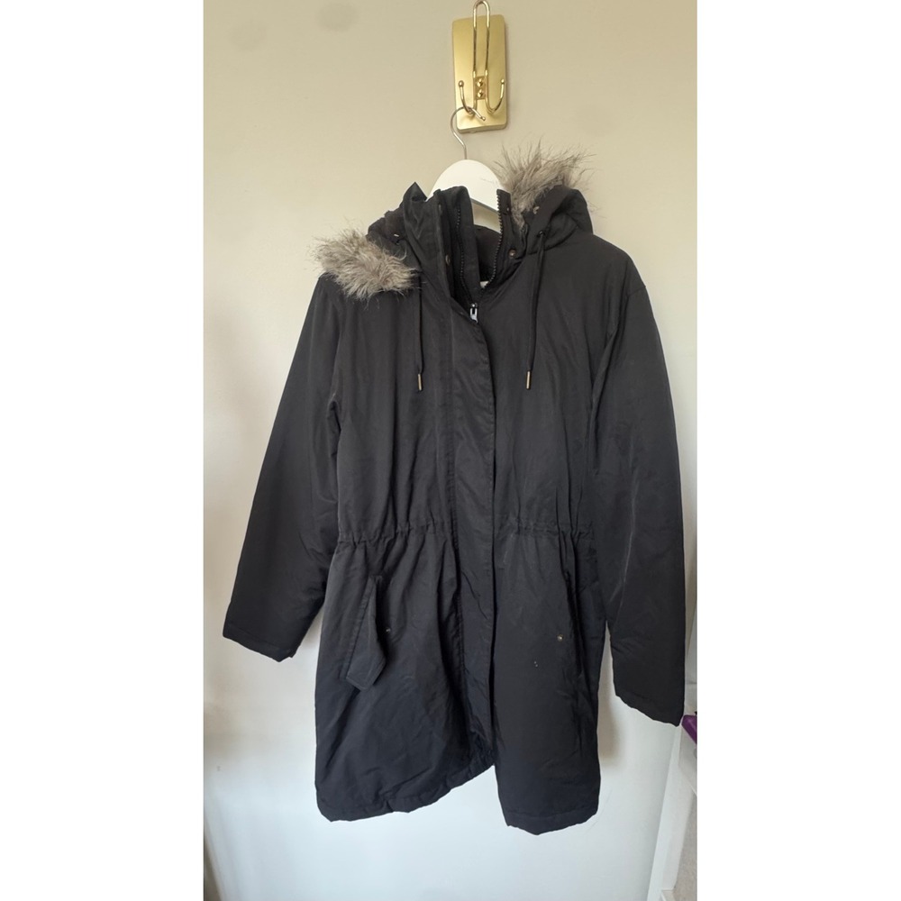 Ava & Viv Black Water Repellent Parka Faux Fur Hood Jacket Womens Size X